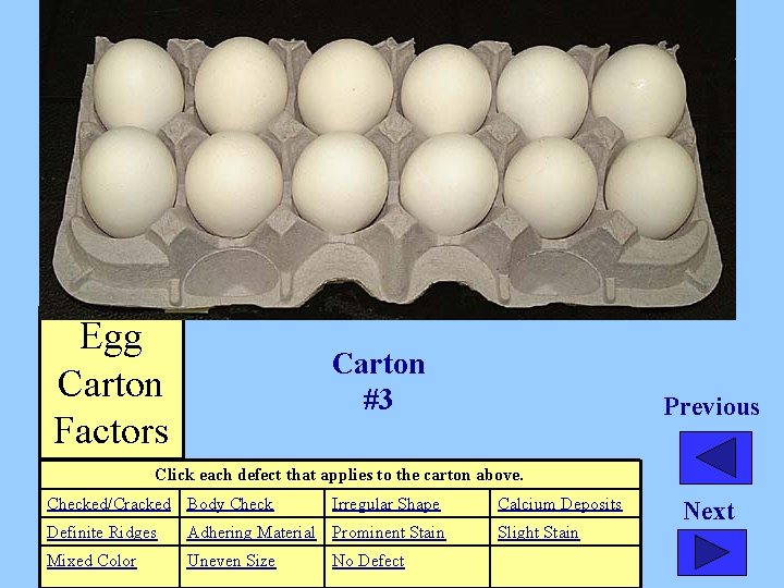 Egg Carton Factors Carton #3 Previous Click each defect that applies to the carton