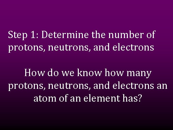 Step 1: Determine the number of protons, neutrons, and electrons How do we know