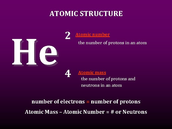 ATOMIC STRUCTURE He 2 4 Atomic number the number of protons in an atom
