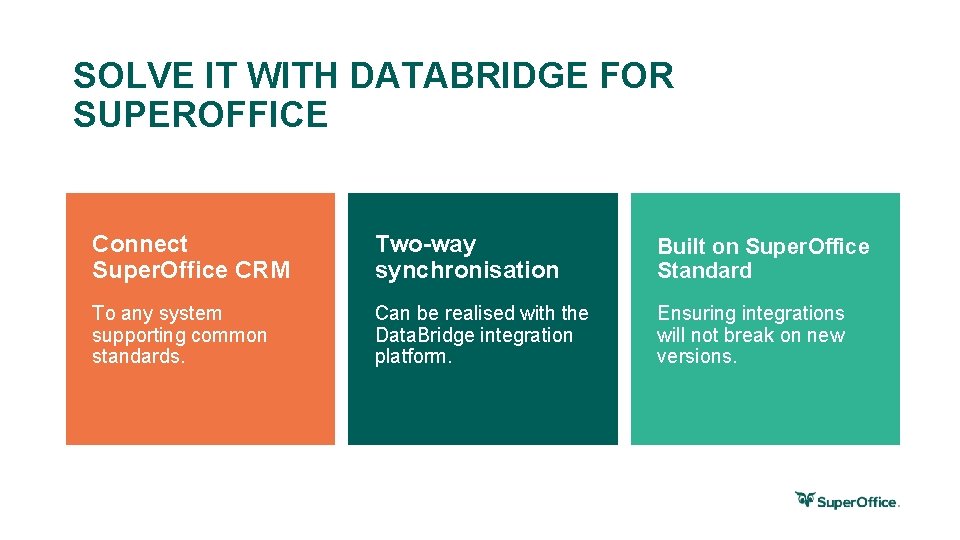 SOLVE IT WITH DATABRIDGE FOR SUPEROFFICE Connect Super. Office CRM Two-way synchronisation Built on