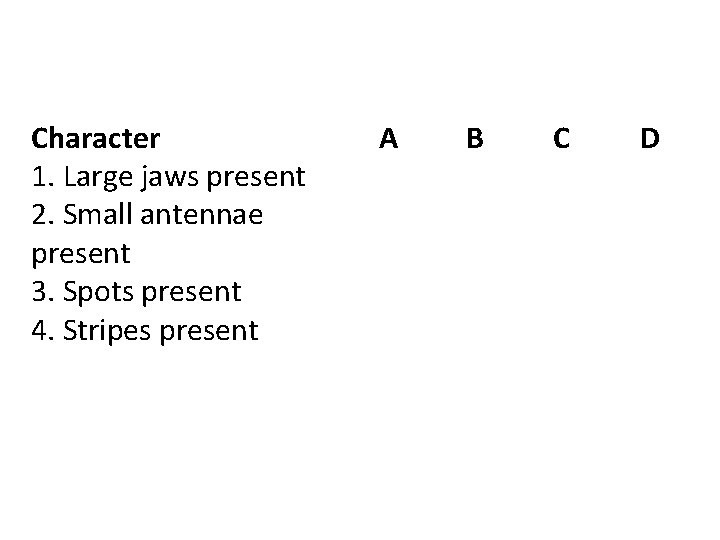 Character 1. Large jaws present 2. Small antennae present 3. Spots present 4. Stripes