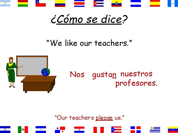¿Cómo se dice? “We like our teachers. ” Nos gustan nuestros profesores. “Our teachers