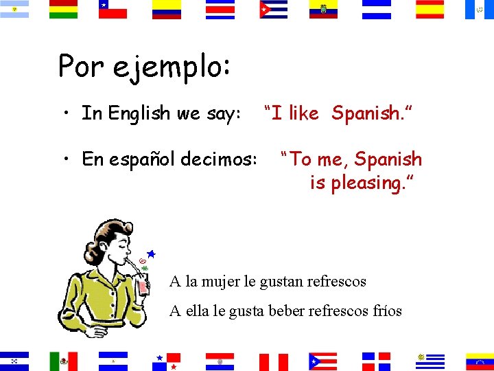 Por ejemplo: • In English we say: • En español decimos: “I like Spanish.