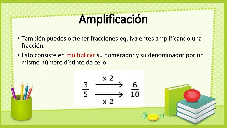 Amplificación • También puedes obtener fracciones equivalentes amplificando una fracción. • Esto consiste en