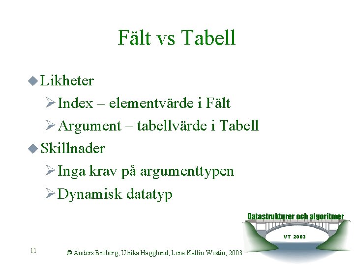 Fält vs Tabell u Likheter ØIndex – elementvärde i Fält ØArgument – tabellvärde i