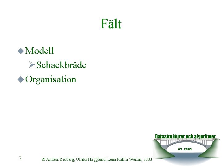 Fält u Modell ØSchackbräde u Organisation Datastrukturer och algoritmer VT 2003 3 © Anders