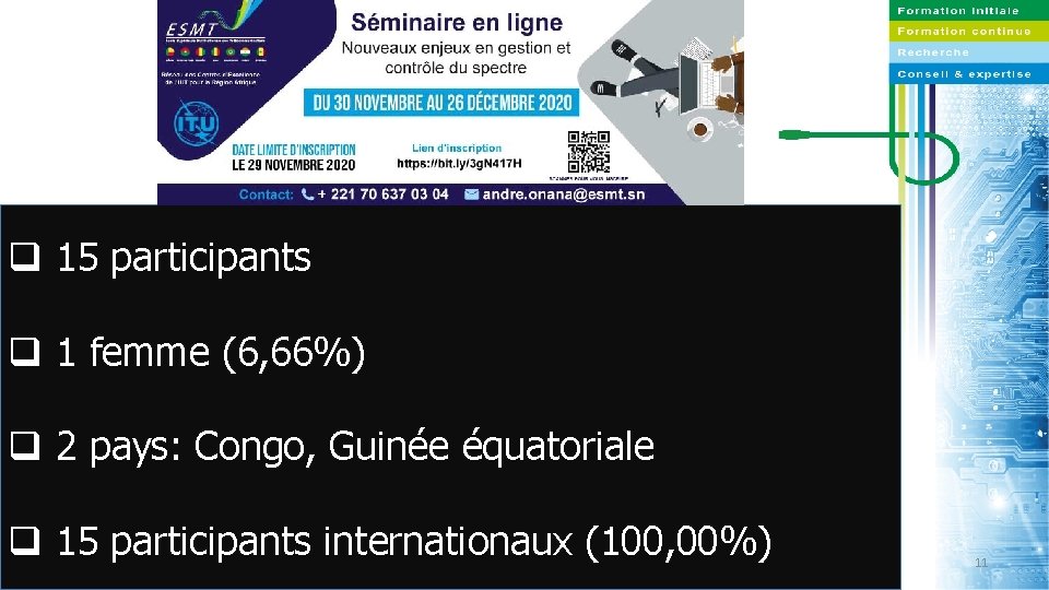 q 15 participants q 1 femme (6, 66%) q 2 pays: Congo, Guinée équatoriale