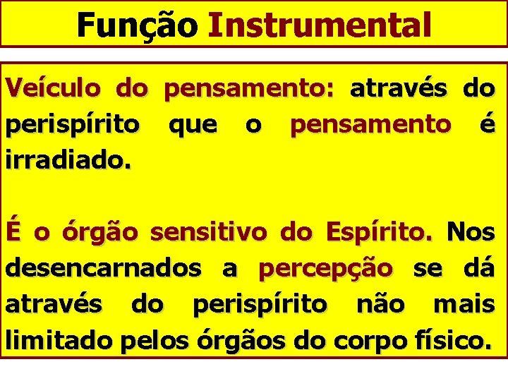 Função Instrumental Veículo do pensamento: através do perispírito que o pensamento é irradiado. É