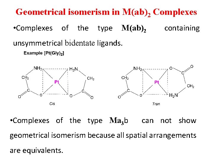 Geometrical isomerism in M(ab)2 Complexes • Complexes of the type M(ab)2 containing unsymmetrical bidentate