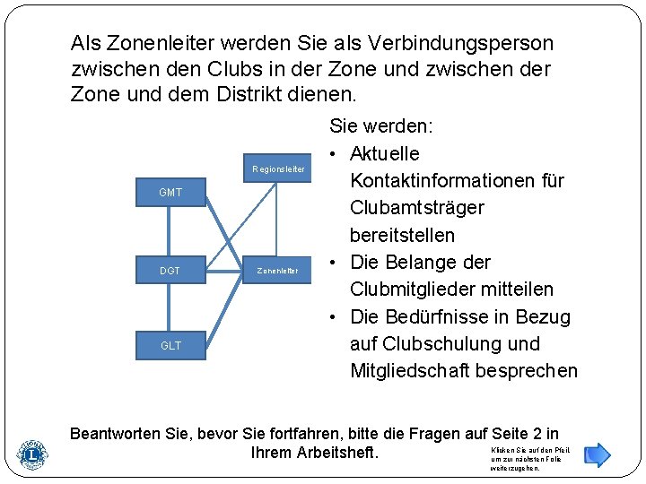 Als Zonenleiter werden Sie als Verbindungsperson zwischen den Clubs in der Zone und zwischen