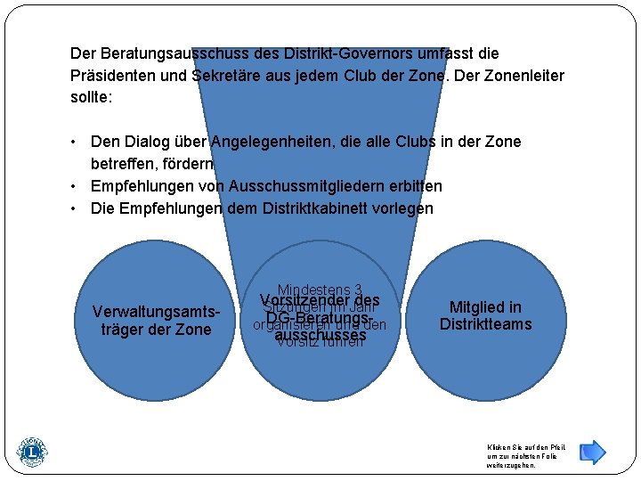 Der Beratungsausschuss des Distrikt-Governors umfasst die Präsidenten und Sekretäre aus jedem Club der Zone.