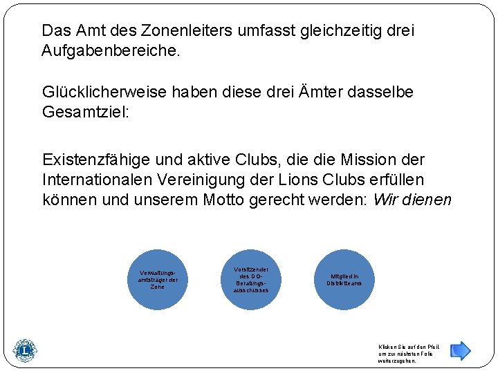 Das Amt des Zonenleiters umfasst gleichzeitig drei Aufgabenbereiche. Glücklicherweise haben diese drei Ämter dasselbe