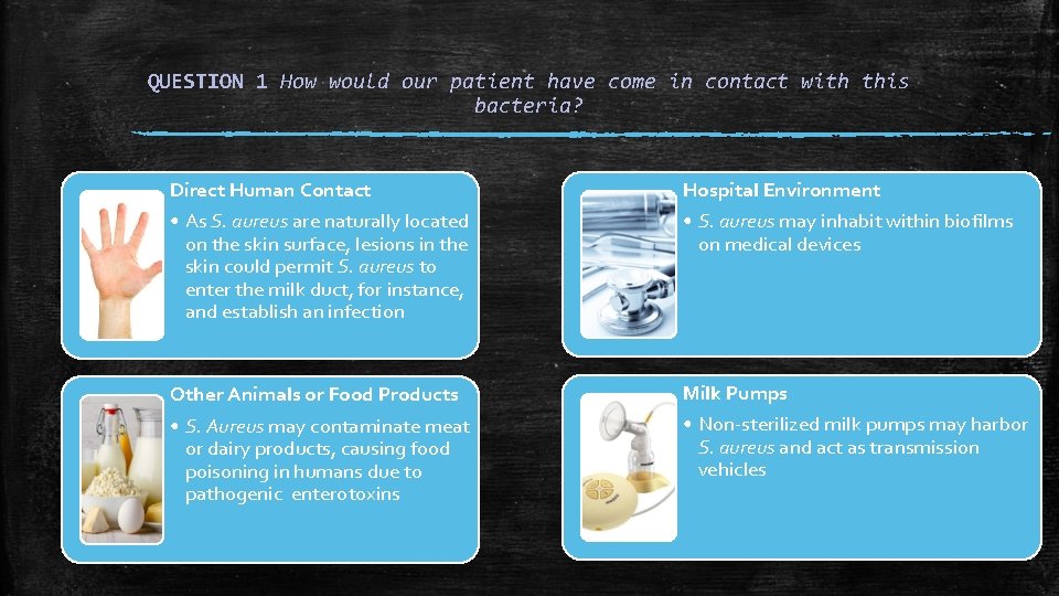 QUESTION 1 How would our patient have come in contact with this bacteria? Direct