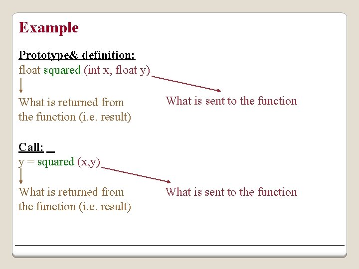 Example Prototype& definition: float squared (int x, float y) What is returned from the