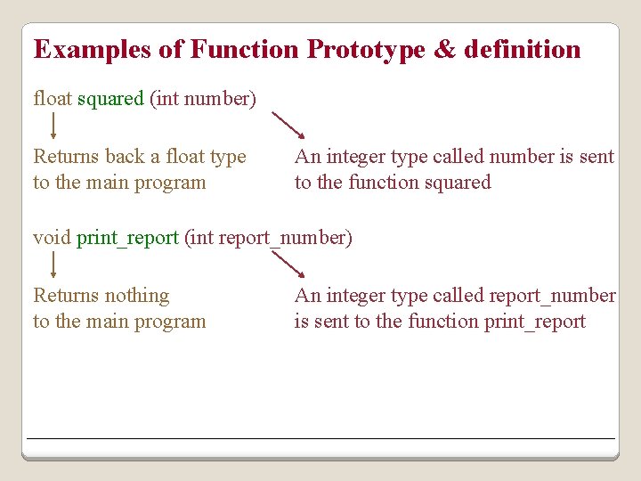 Examples of Function Prototype & definition float squared (int number) Returns back a float