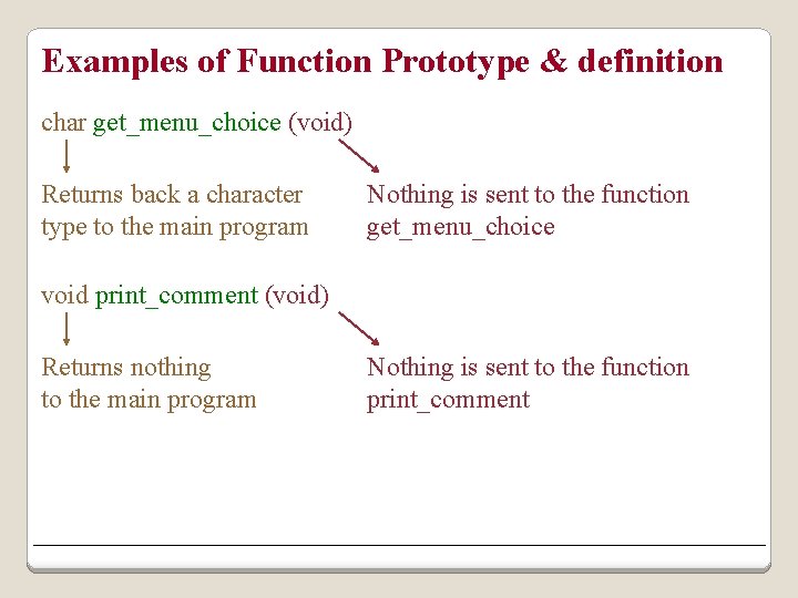 Examples of Function Prototype & definition char get_menu_choice (void) Returns back a character type