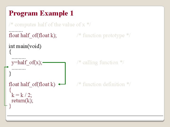 Program Example 1 /* computes half of the value of x */. . float