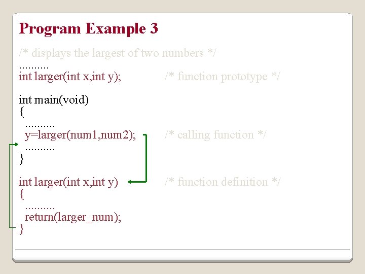 Program Example 3 /* displays the largest of two numbers */. . int larger(int