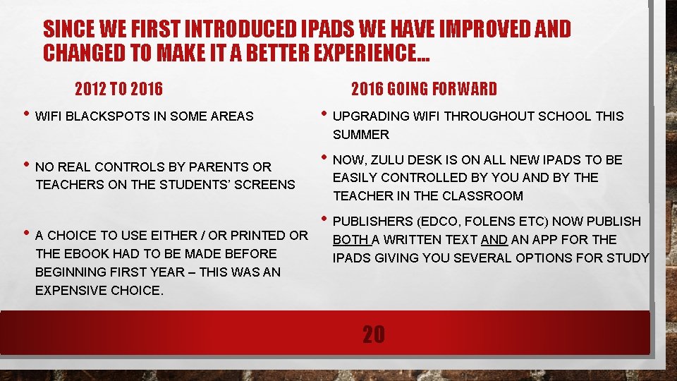 SINCE WE FIRST INTRODUCED IPADS WE HAVE IMPROVED AND CHANGED TO MAKE IT A