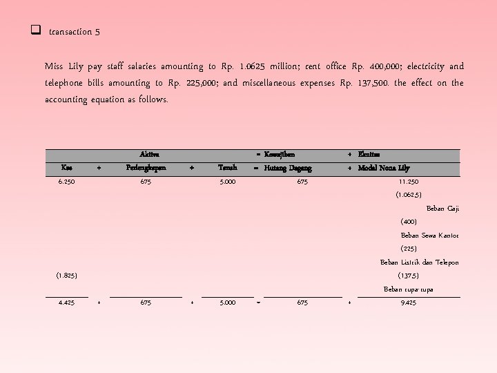 q transaction 5 Miss Lily pay staff salaries amounting to Rp. 1. 0625 million;