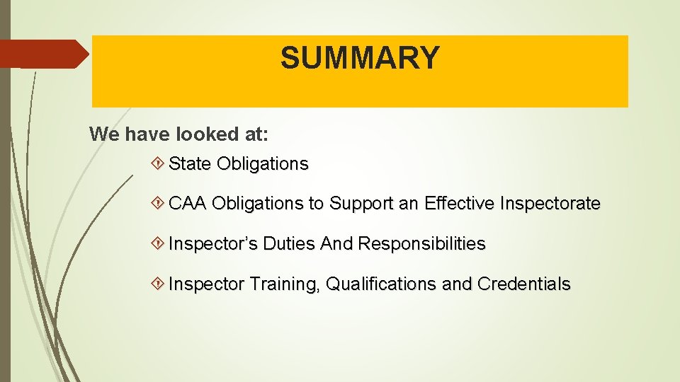 SUMMARY We have looked at: State Obligations CAA Obligations to Support an Effective Inspectorate