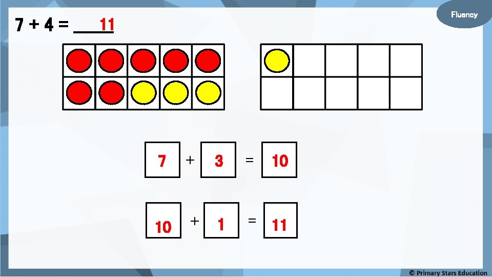 Fluency 11 7 + 4 = _______ 7 + 10 + 1 3 =