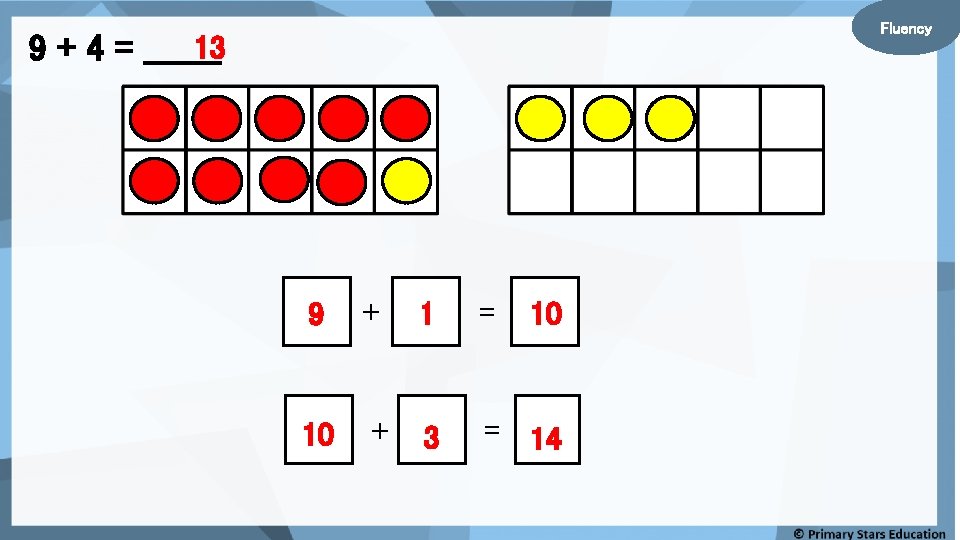 Fluency 13 9 + 4 = _______ 9 + 10 + 3 1 =