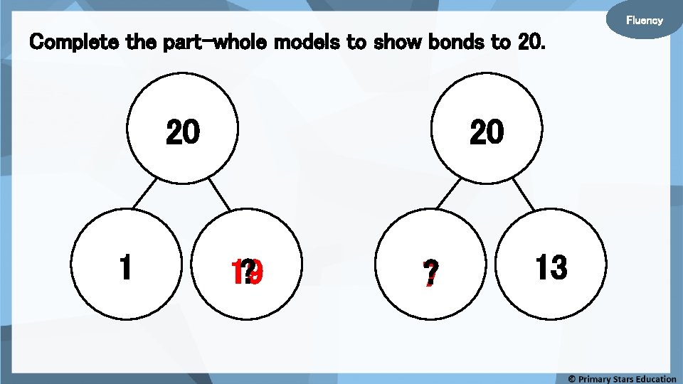 Fluency Complete the part-whole models to show bonds to 20. 20 1 20 ?