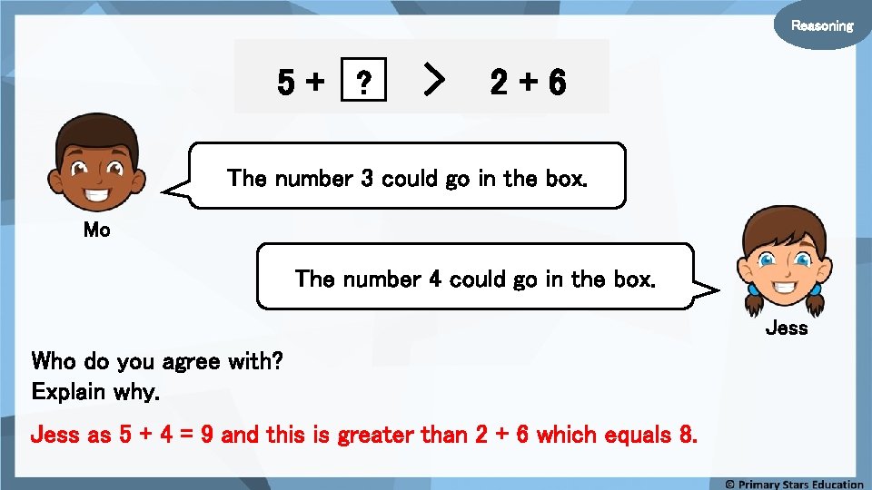 Reasoning 5+ ? > 2+6 The number 3 could go in the box. Mo