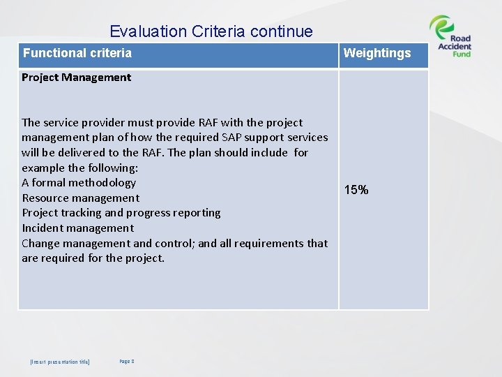 Evaluation Criteria continue Functional criteria Weightings Project Management The service provider must provide RAF