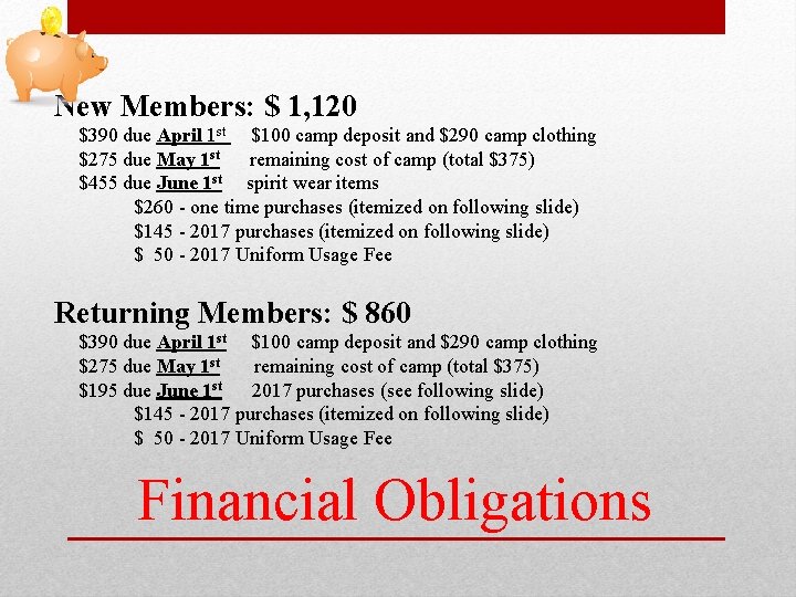 New Members: $ 1, 120 $390 due April 1 st $100 camp deposit and