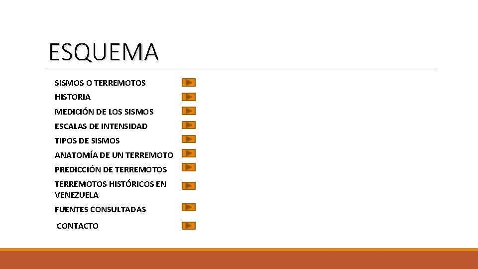 ESQUEMA SISMOS O TERREMOTOS HISTORIA MEDICIÓN DE LOS SISMOS ESCALAS DE INTENSIDAD TIPOS DE