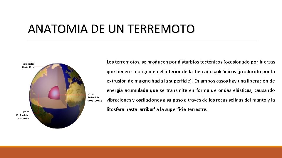 ANATOMIA DE UN TERREMOTO Los terremotos, se producen por disturbios tectónicos (ocasionado por fuerzas