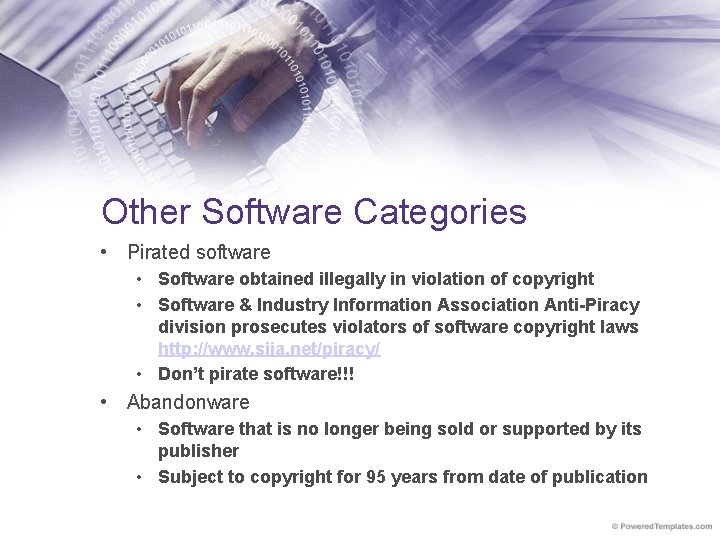 Other Software Categories • Pirated software • Software obtained illegally in violation of copyright