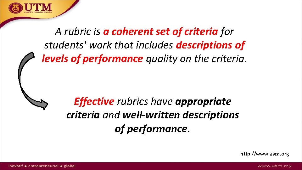 A rubric is a coherent set of criteria for students' work that includes descriptions