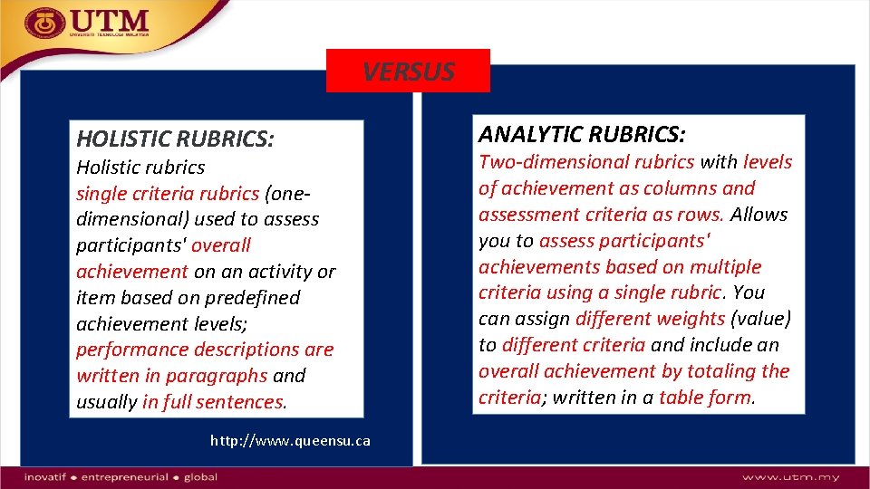 VERSUS HOLISTIC RUBRICS: Holistic rubrics single criteria rubrics (onedimensional) used to assess participants' overall