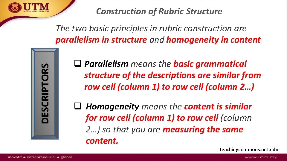 Construction of Rubric Structure DESCRIPTORS The two basic principles in rubric construction are parallelism