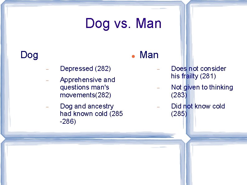 Dog vs. Man Dog Man Depressed (282) Apprehensive and questions man's movements(282) Does not