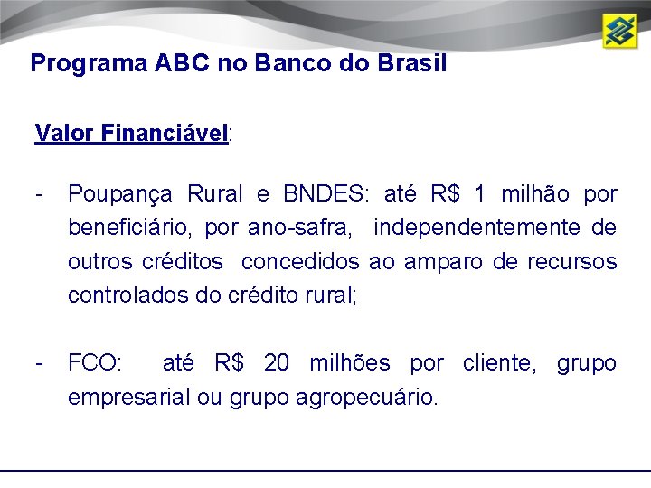 Programa ABC no Banco do Brasil Valor Financiável: - Poupança Rural e BNDES: até