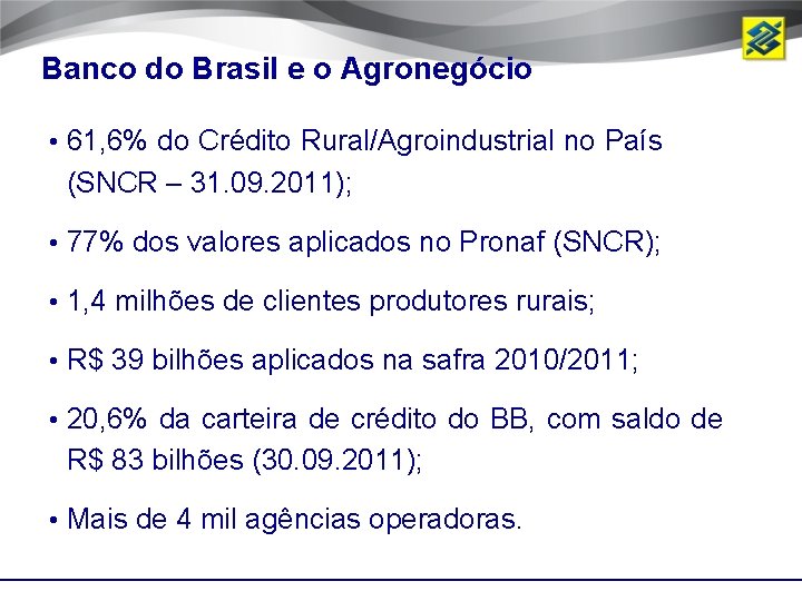 Banco do Brasil e o Agronegócio • 61, 6% do Crédito Rural/Agroindustrial no País