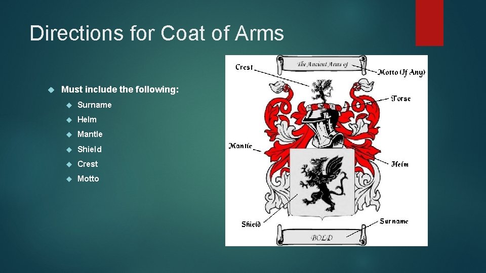 Directions for Coat of Arms Must include the following: Surname Helm Mantle Shield Crest