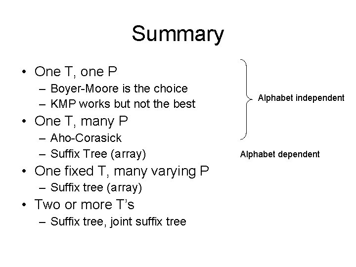 Summary • One T, one P – Boyer-Moore is the choice – KMP works