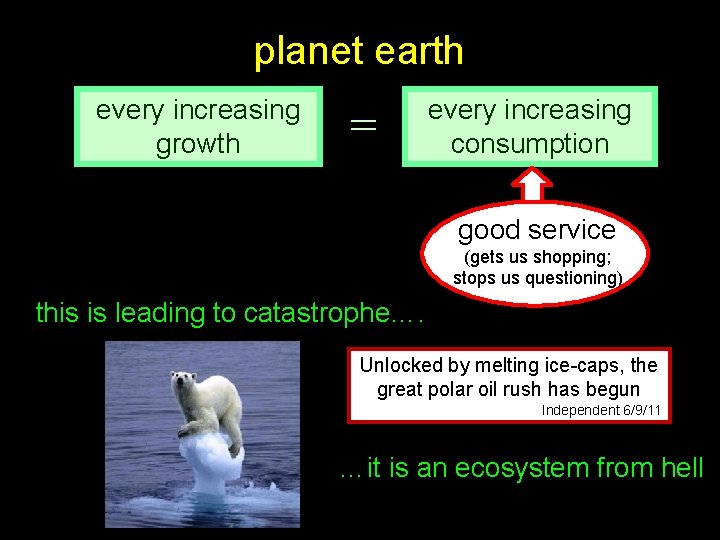 planet earth every increasing growth = every increasing consumption good service (gets us shopping;