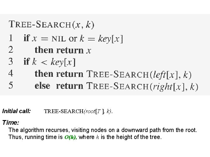 Initial call: TREE-SEARCH(root[T ], k). Time: The algorithm recurses, visiting nodes on a downward
