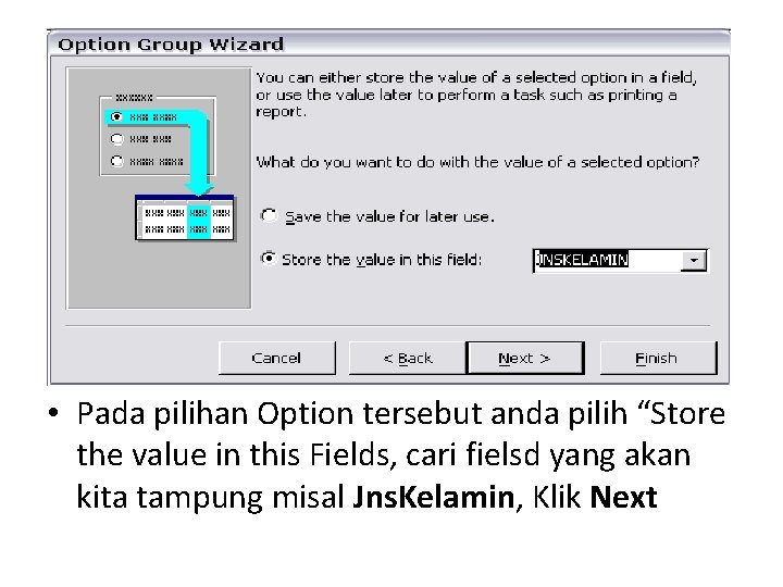 • Pada pilihan Option tersebut anda pilih “Store the value in this Fields, • Pada pilihan Option tersebut anda pilih “Store the value in this Fields,