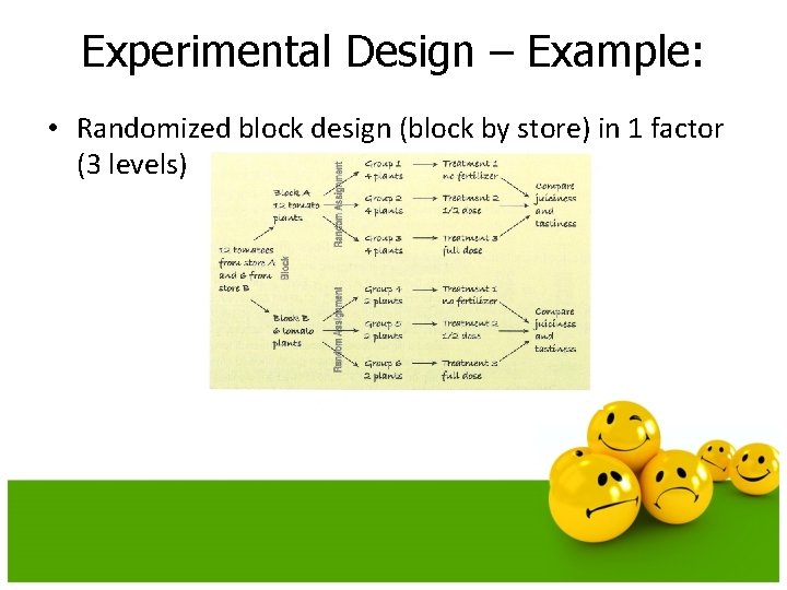 Experimental Design – Example: • Randomized block design (block by store) in 1 factor