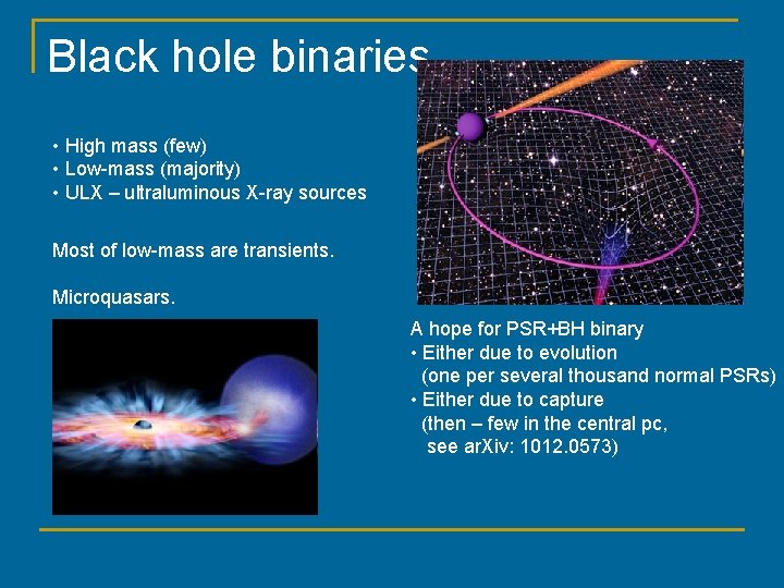 Black hole binaries • High mass (few) • Low-mass (majority) • ULX – ultraluminous