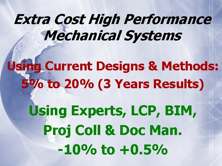 Extra Cost High Performance Mechanical Systems Using Current Designs & Methods: 5% to 20%