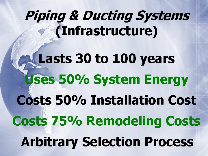 Piping & Ducting Systems (Infrastructure) Lasts 30 to 100 years Uses 50% System Energy