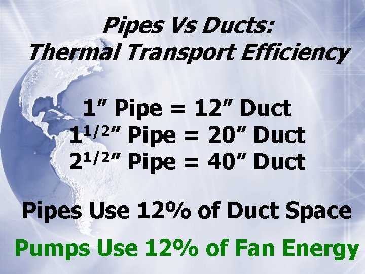 Pipes Vs Ducts: Thermal Transport Efficiency 1” Pipe = 12” Duct 1/2 1 ”